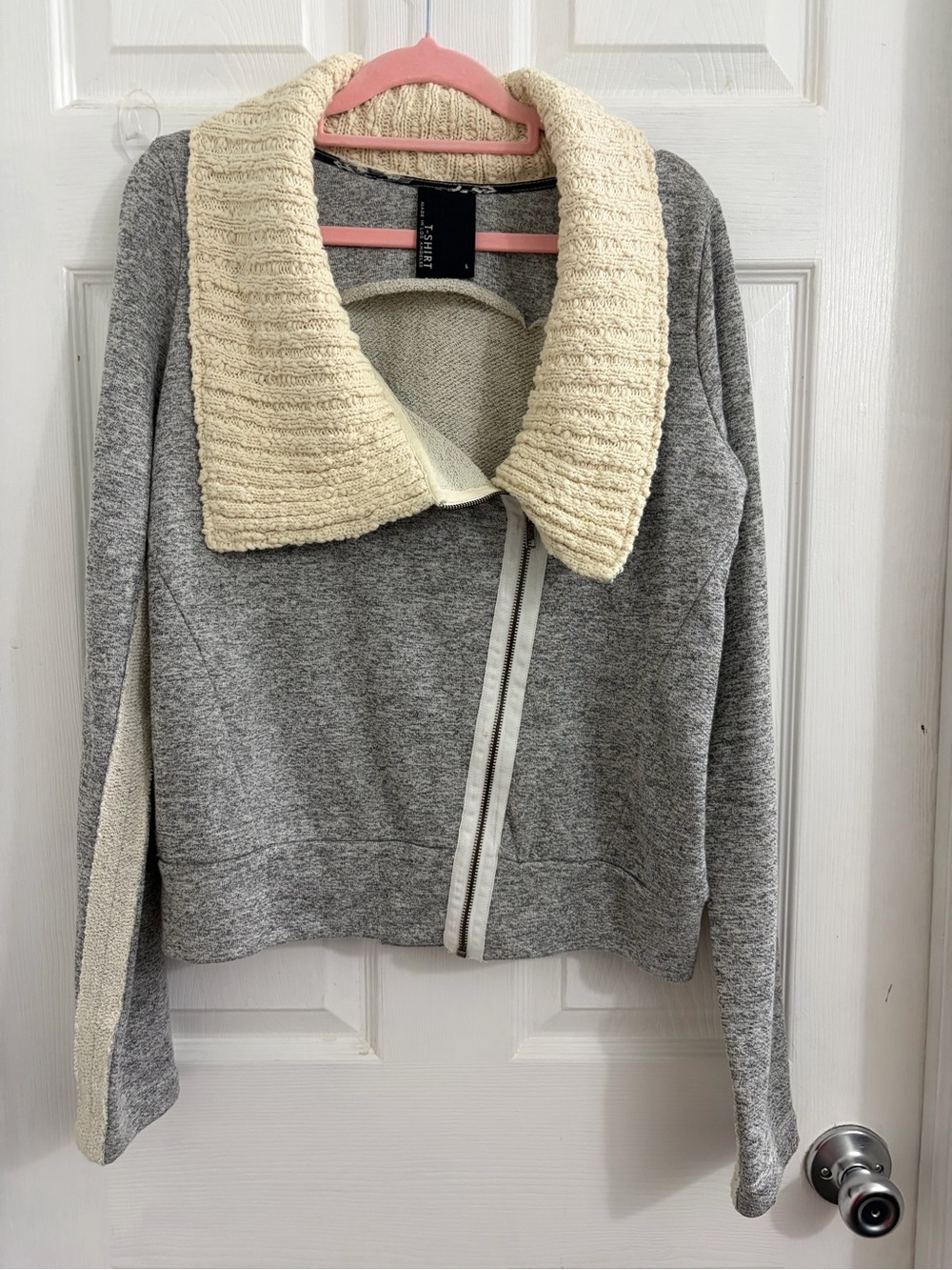 dolan Gray Bomber Jacket with Cream Ribbed Shawl Collar. Size large